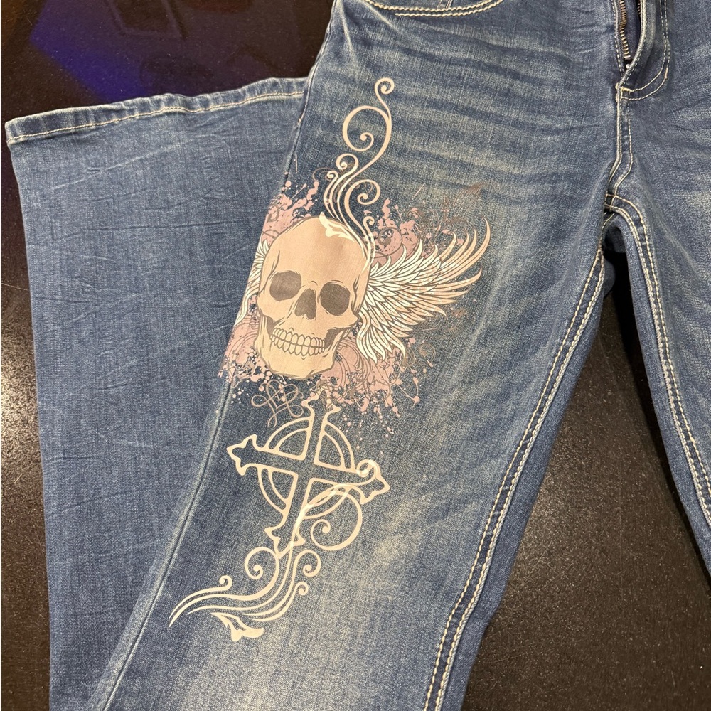 Blue Skull Print Flare Jeans NWT  size 9